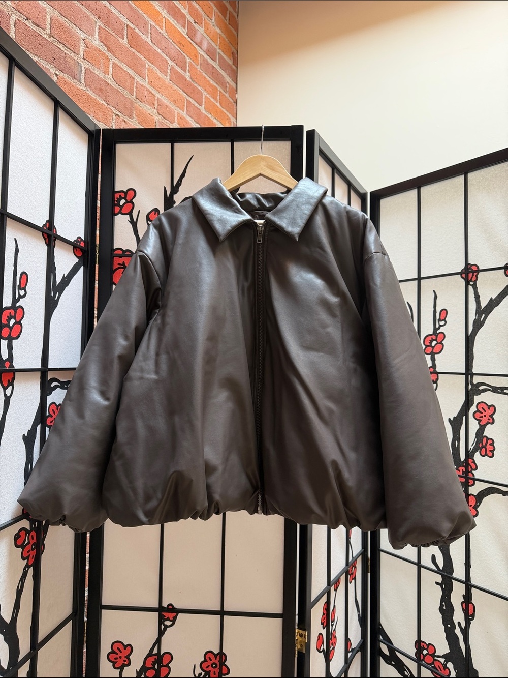 Women's Vegan Leather Brown Puffer Jacket - Classic Zip Front